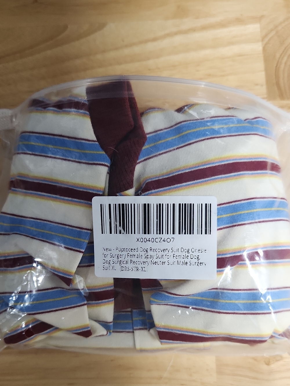 Striped Dog Recovery Onesie - Blue, Maroon, Cream